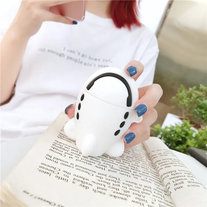 Cartoon airplane headset design silicone protective case for Apple AirPods with a carrying hook.