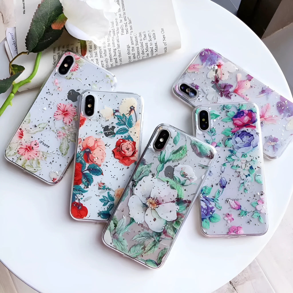 Gold foil broken flowers and fruits design on a flexible TPU iPhone back cover.