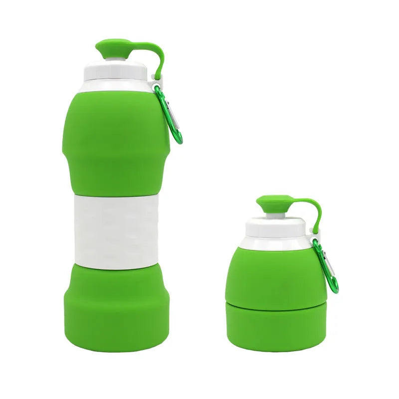 Blue silicone folding water bottle shown full at 22cm tall and folded flat at 11cm tall