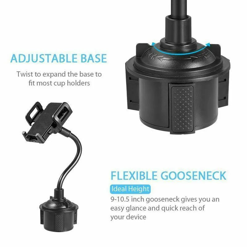 Black car phone mount bracket with adjustable side handles, suction cup, and vent clip