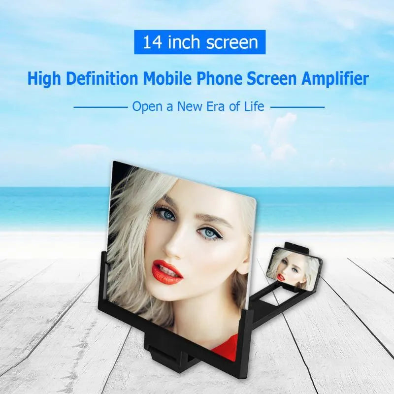 Black and white magnifying mobile phone stand on a desk for hands-free use.