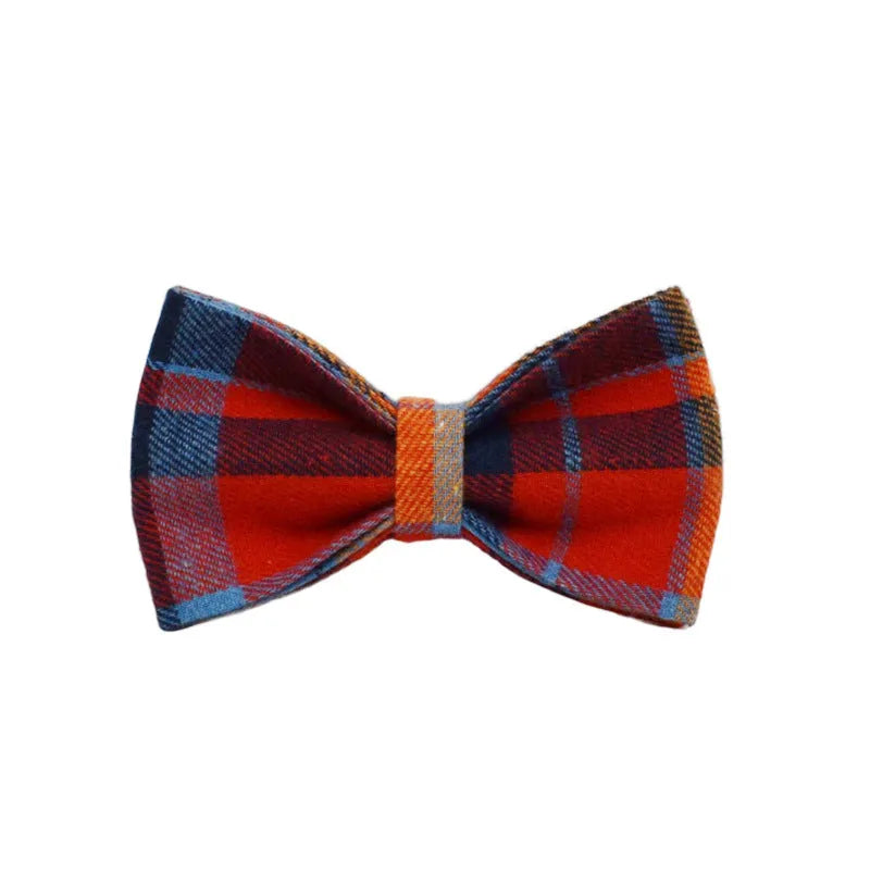 Dog accessory four-piece set showing collar, leash, vest, and bow tie in cloth fabric