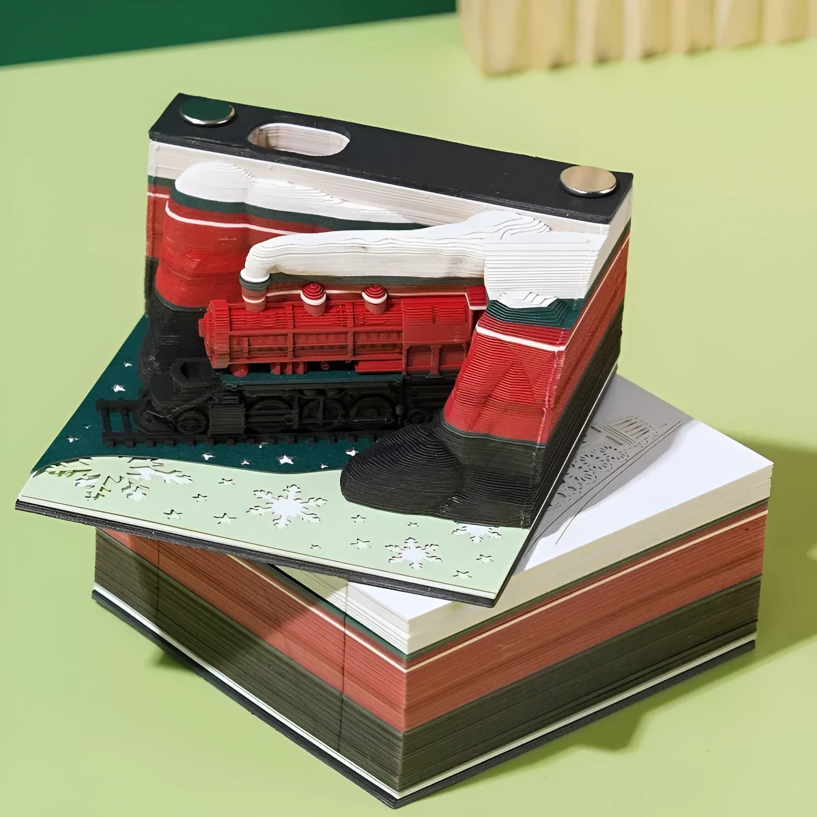 3D sticky notes with paper carving of Qingshui Temple, Christmas Train colour.