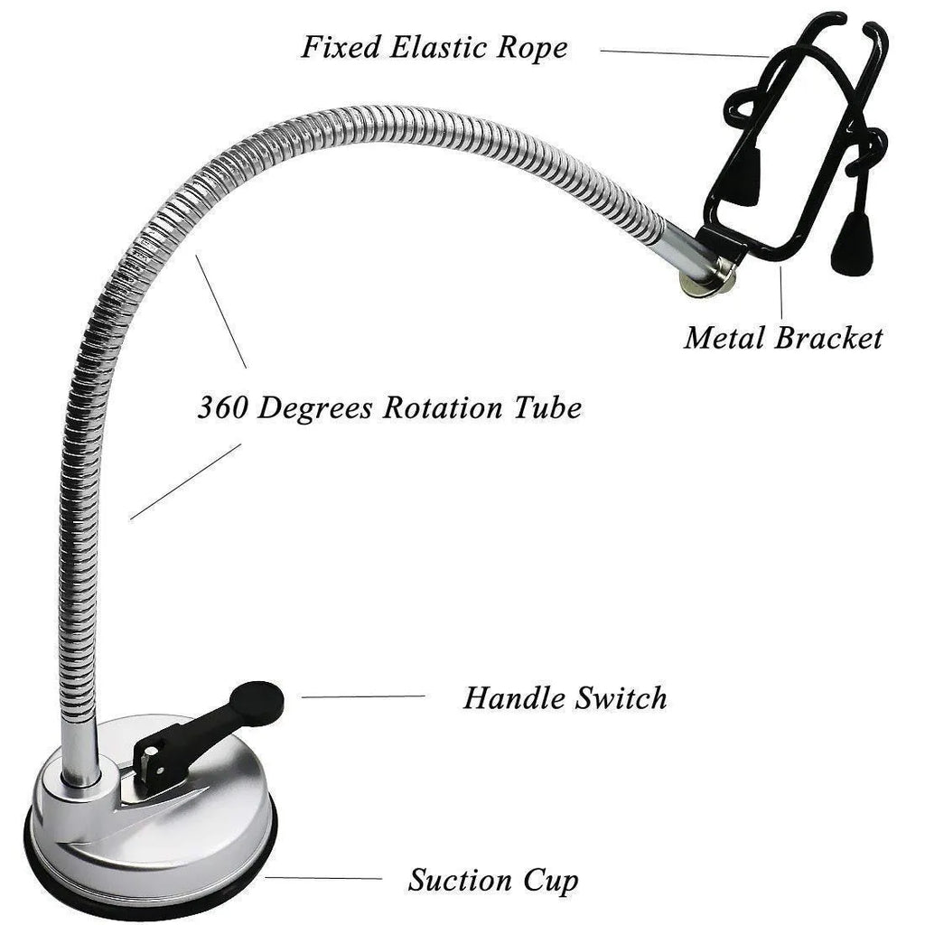 Stainless steel hair dryer holder stand with suction cup base, 360 degree rotating head, 83cm long, 0.85kg