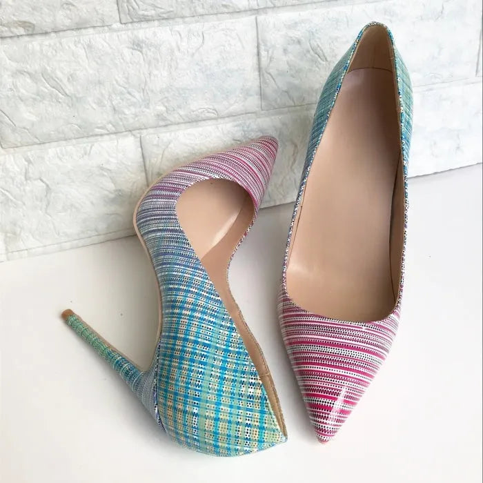 Ladies' gradient patent leather heels in pink-blue fade with pointed toe and sheepskin insoles