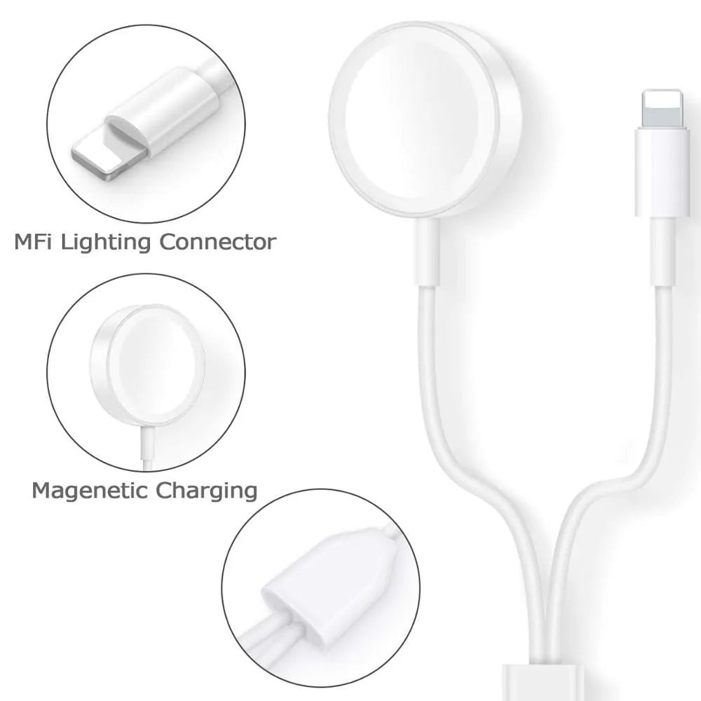 White two-in-one wireless charging stand for smartwatches with USB connection