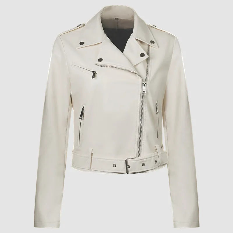 Women's red PU leather jacket with lapel collar and adjustable belt, street fashion style