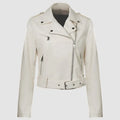 Women's red PU leather jacket with lapel collar and adjustable belt, street fashion style