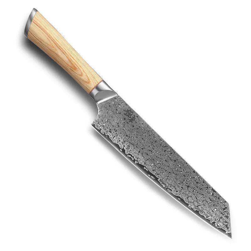 Damascus kitchen knife set with 12 stainless steel knives, 67-layer forging, and New Chinese style design on a wooden block
