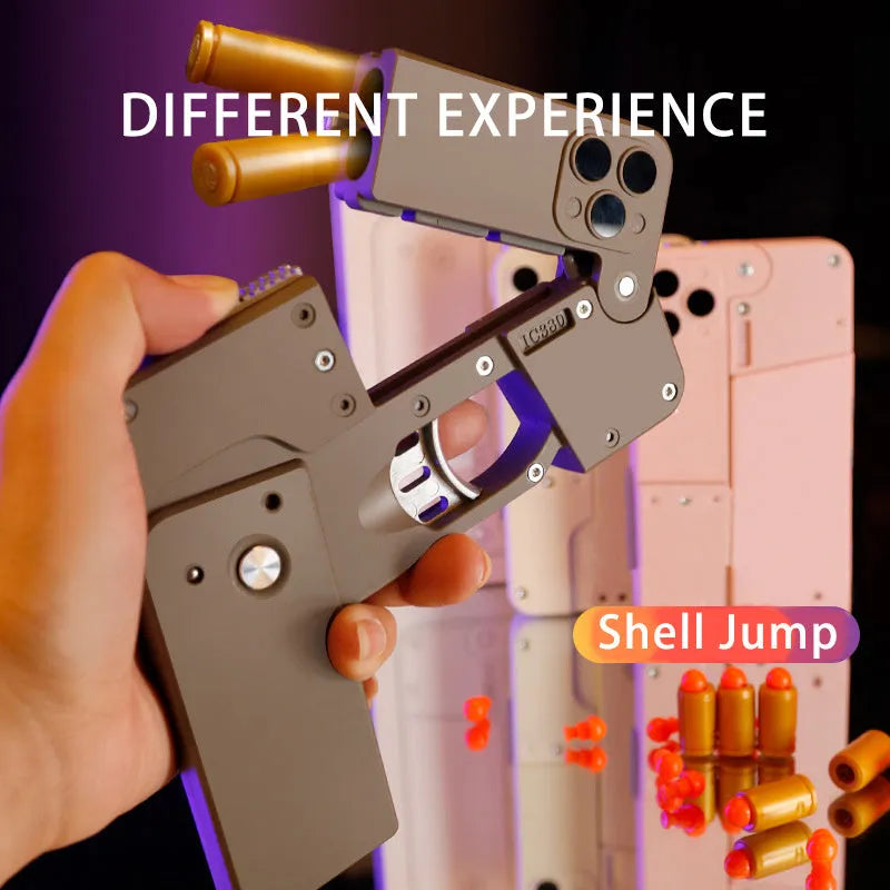 Folding mobile phone toy dart blaster in pink showing double barrels and safe EVA foam bullets