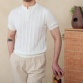 Men's beige cotton T-shirt with henry collar and subtle sunken stripe pattern on the front.