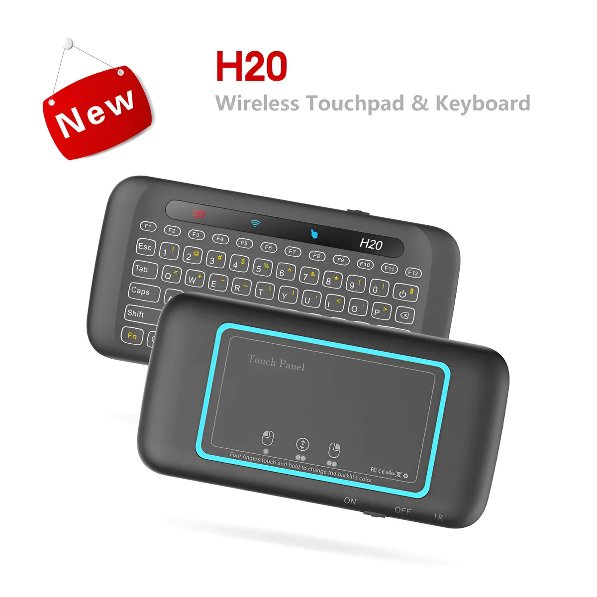 H20 black mini wireless keyboard with touchpad, air mouse, 69 backlit keys, and USB receiver