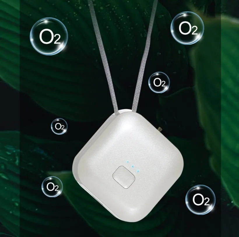 USB mini portable air purifier necklace in blue, showing compact design with USB charging port