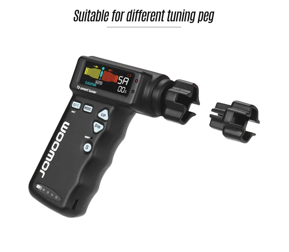 Black and white multi-function smart guitar tuner and electric string winder with LCD display.