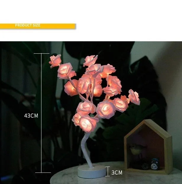 White and red rose flower shaped LED table lamp with bonsai tree garland lights, powered by battery or USB.