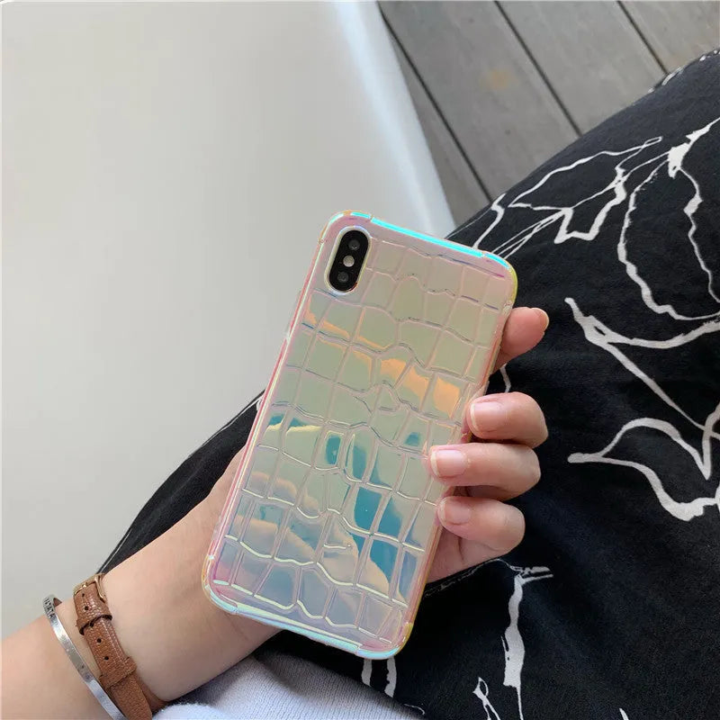 Silver glossy laser-effect silicone back cover case for iPhone with lanyard hole.