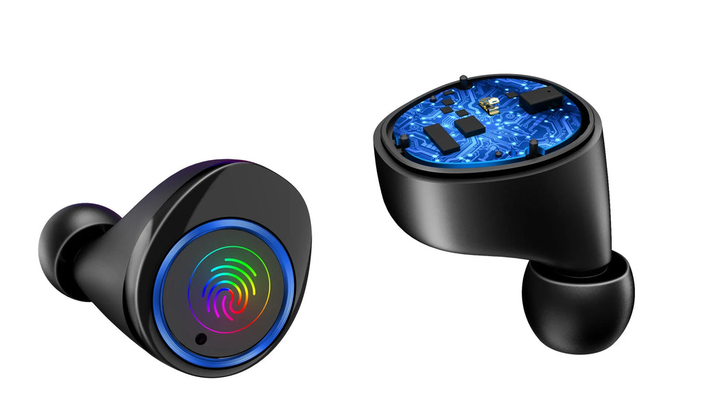Black X11 Bluetooth wireless earbuds with charging case showing touch controls and included ear sleeves