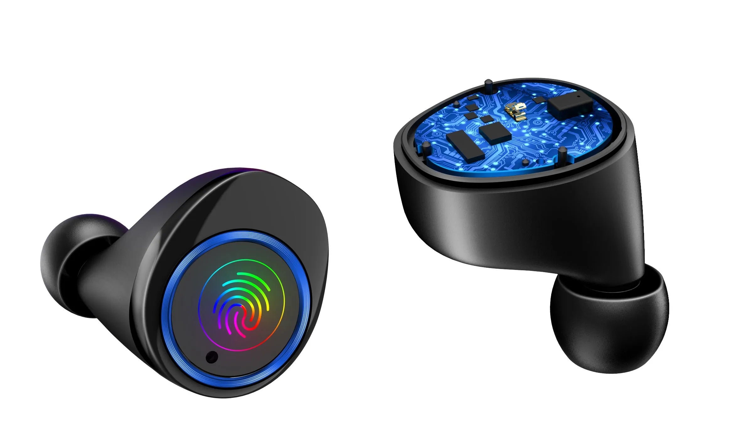 Black X11 Bluetooth wireless earbuds with charging case showing touch controls and included ear sleeves
