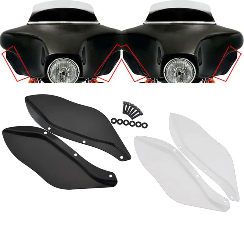 A pair of black and transparent ABS plastic side wing head covers for a Harley-Davidson Touring motorcycle.