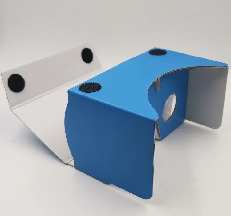 VR Cardboard Glasses showing cardboard frame with 3D lenses, adjustable rubber band, and velcro strap for smartphone virtual reality