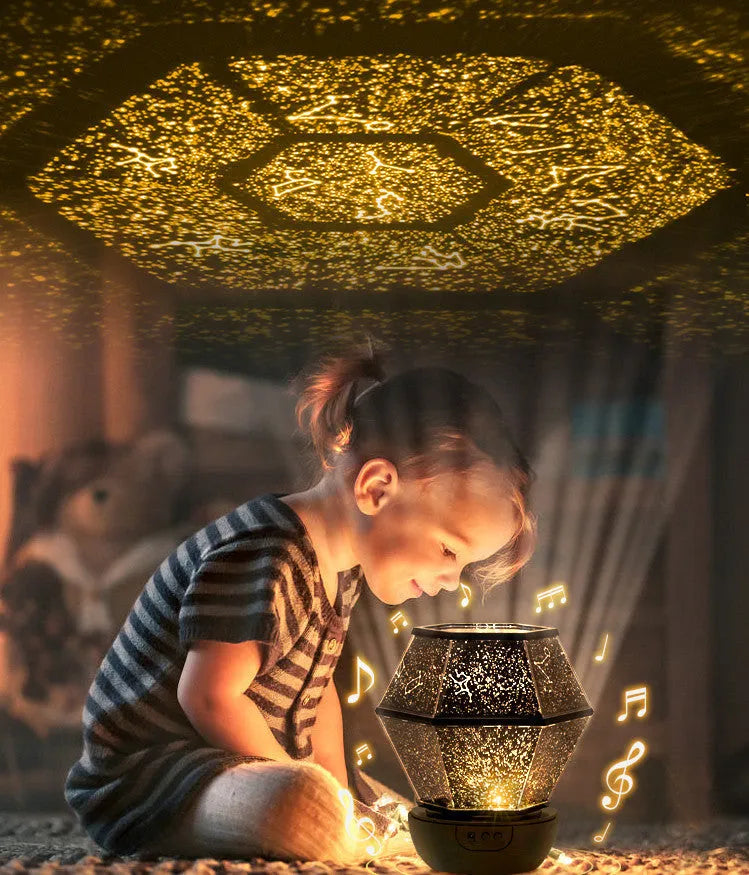 Children's rotating stars night light projecting blue star patterns on ceiling with 15cm diameter white plastic housing