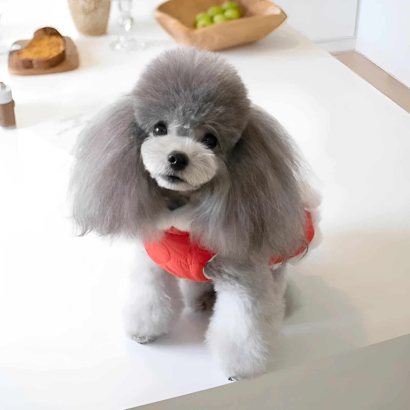Red Chinese-style pet clothing with thick fur collar for dogs and cats in festive New Year outfit