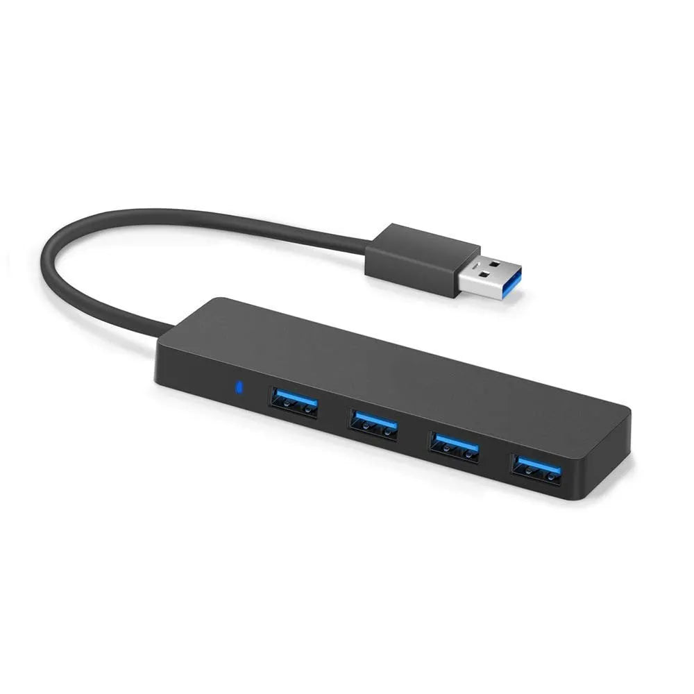 Black USB 3.0 hub with four ports, LED lights, and a 30cm connection cable