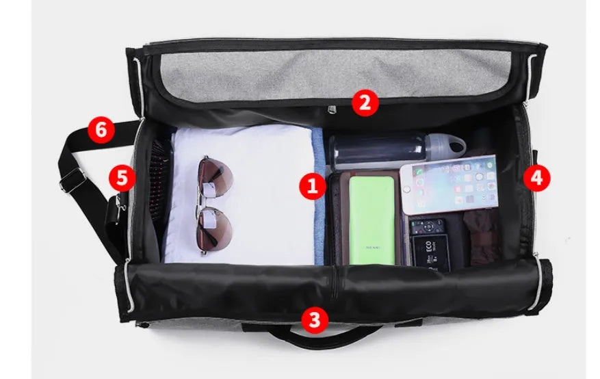 Cylinder travel bag in black with zipper pocket and waterproof Oxford cloth material