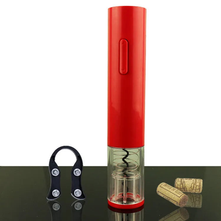 Black automatic electric wine bottle opener with foil cutter on a kitchen counter.