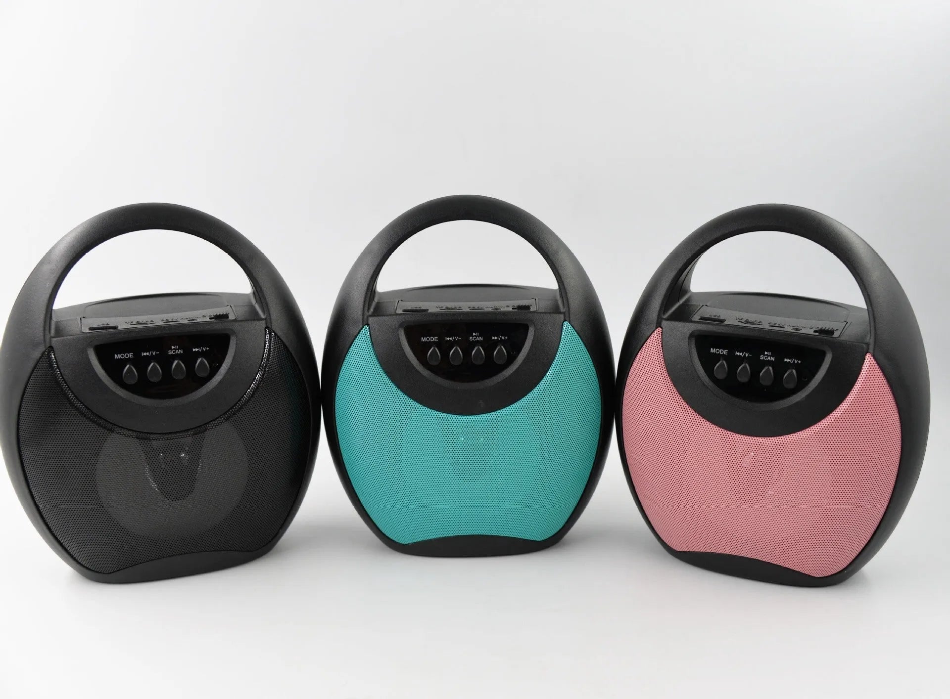 Portable Bluetooth speaker in black, blue, or pink colour with USB port and SD card slot.