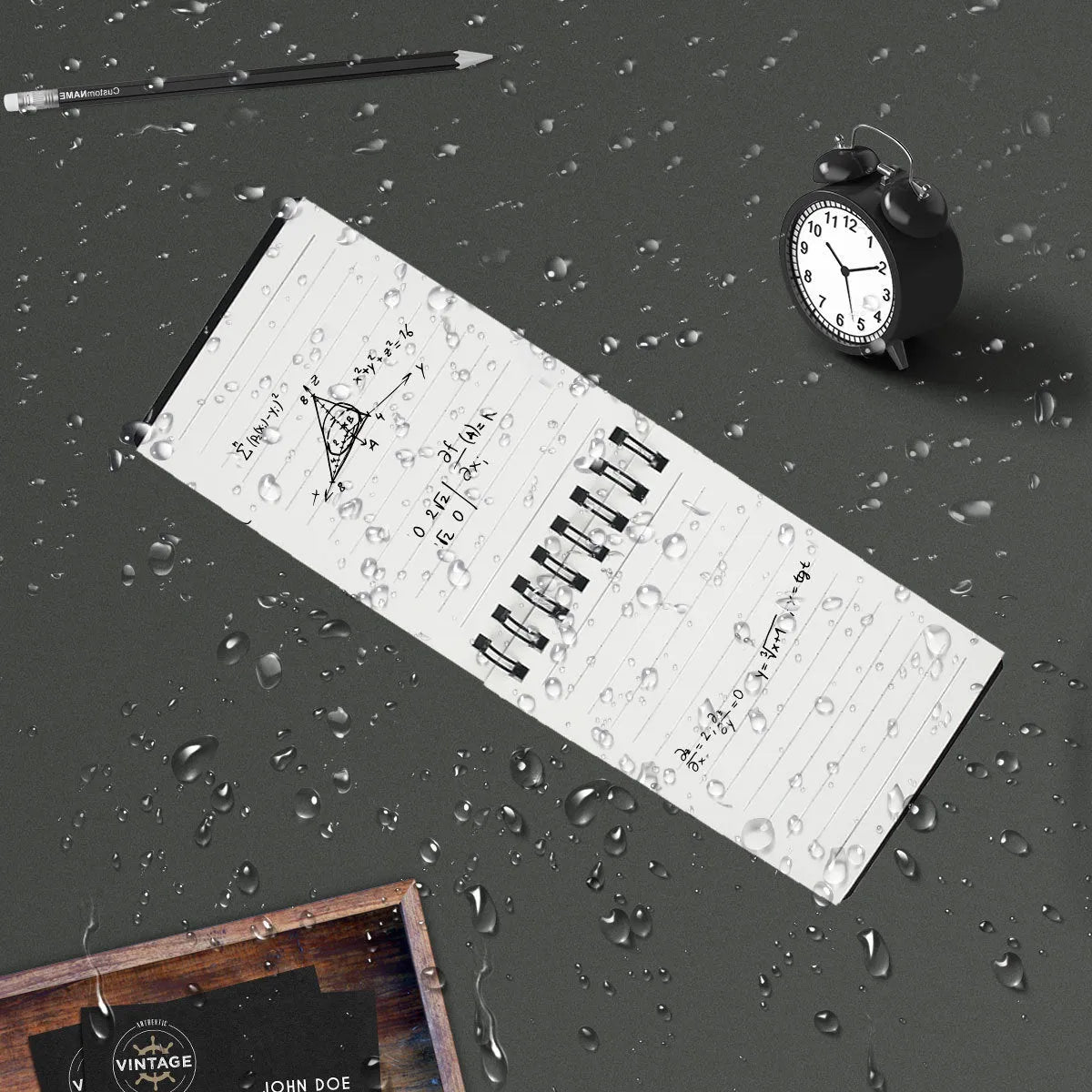 Black and white transparent spiral-bound Business Intelligence Notepad with pen and rag.