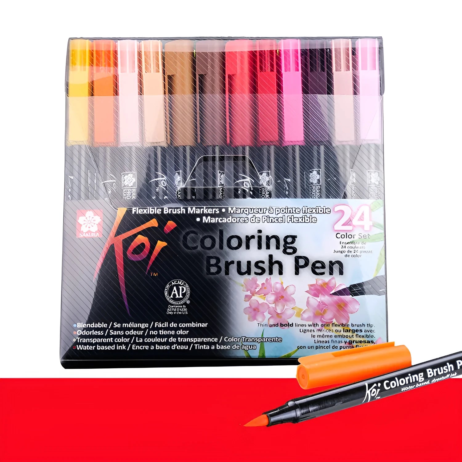 Set of water-based watercolour markers with soft brush tips in a 12-colour case.