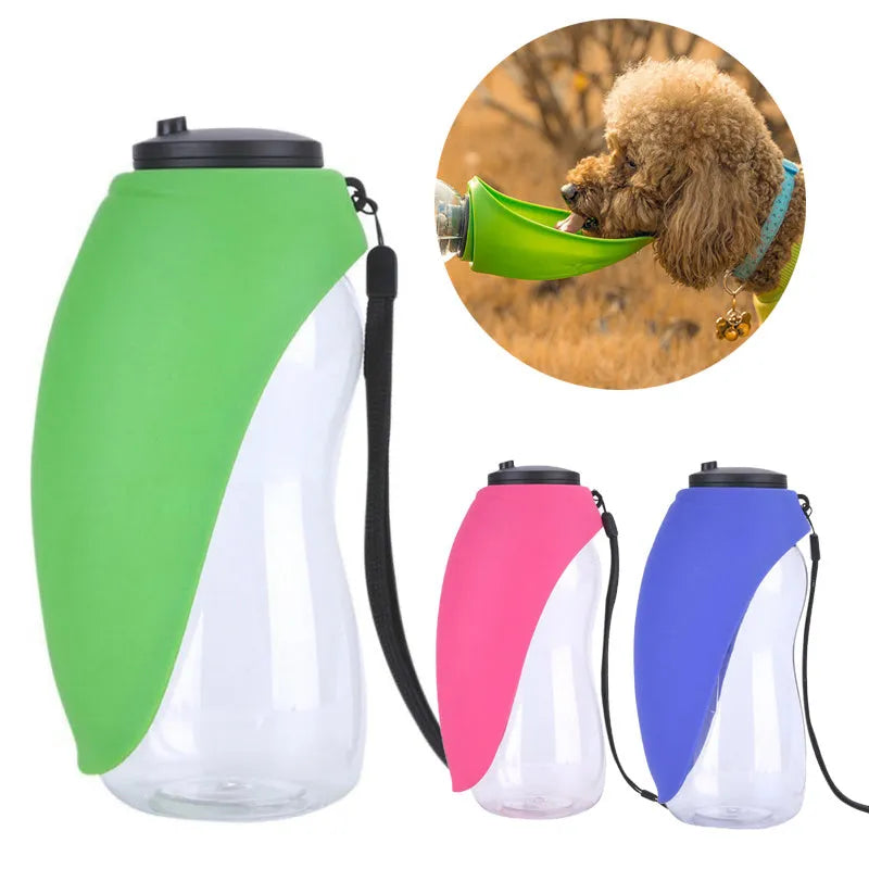 Portable blue pet water bottle with drinking bowl and carrying strap for outdoor use with dogs