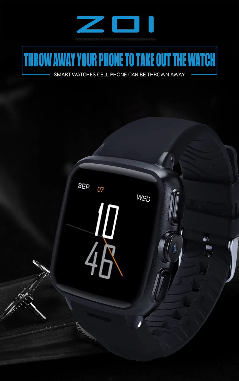 Z01smart watch with 1.54-inch HD screen in black or white colour, showing USB 2.0 port and wrist strap