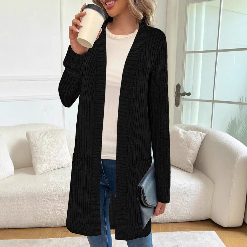 Long sleeve loose pockets knitted cardigan jacket in black colour showing front cardigan design and pocket details