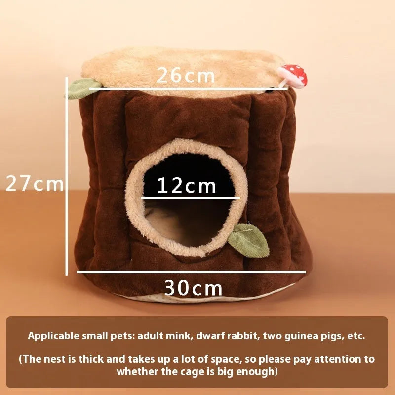 Brown cloth hanging rabbit nest with suspended stump design for indoor cages