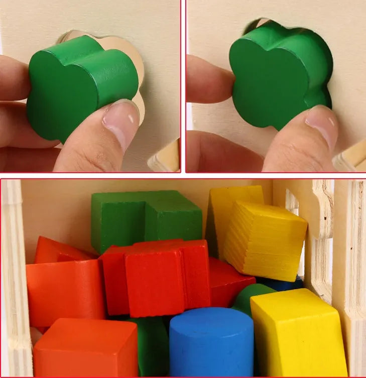 Pine wood matching intelligence box cube toy for ages 1 to 3 years, 530g, in a colour box.