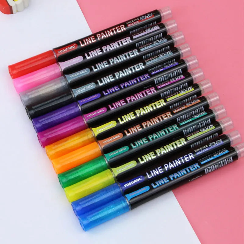 12-colour metal double line pen set with 13cm length and plastic tips