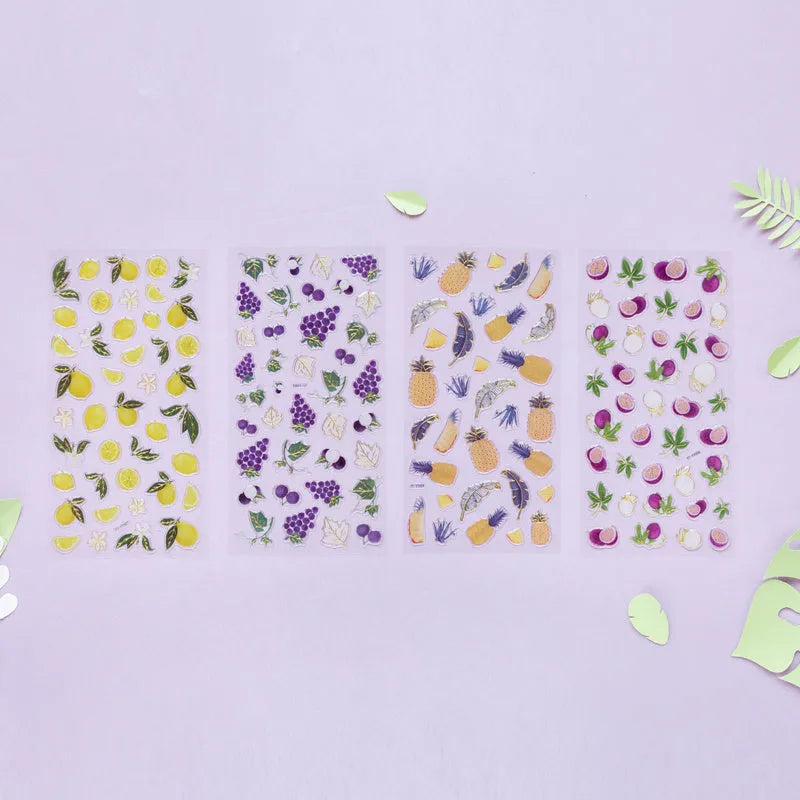 Pack of six DIY fruit bronzing stickers showing grape, orange, passion fruit, peach, pineapple and strawberry designs.