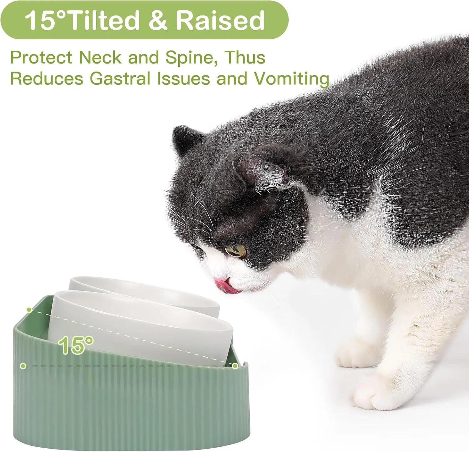 Ceramic elevated cat bowls with 15° tilted stand in green, white, or yellow, showing non-slip base and detachable bowls