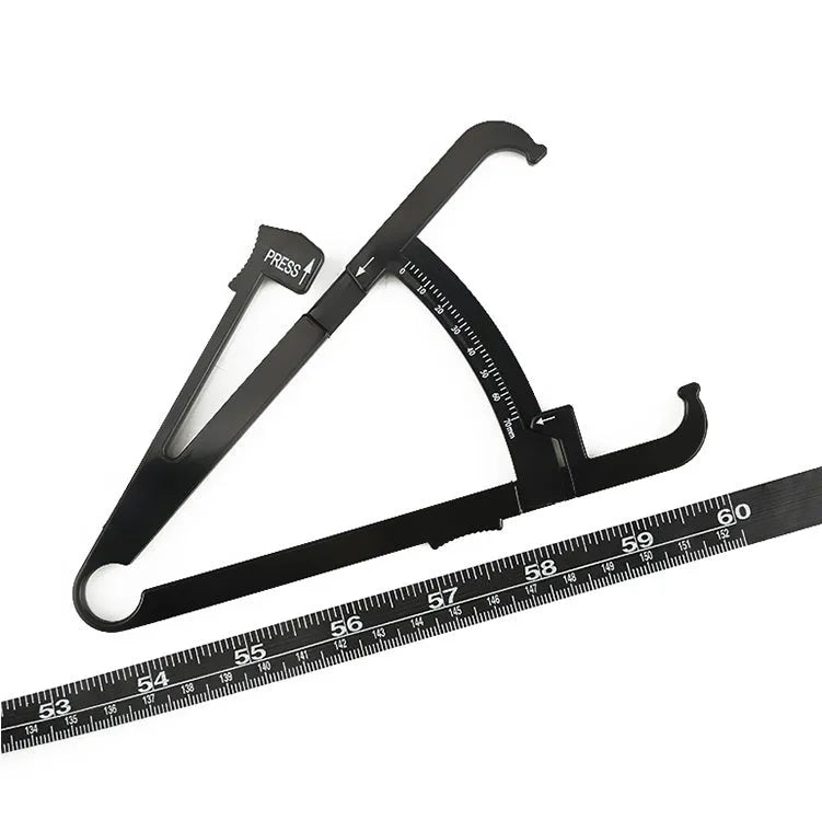 Black body fat skinfold caliper with measuring tape for body composition assessment