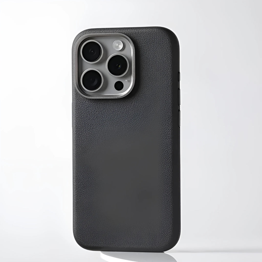 Leather MagSafe compatible iPhone case with metal alloy lens surround in black, brown, and grey colour options