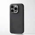 Leather MagSafe compatible iPhone case with metal alloy lens surround in black, brown, and grey colour options