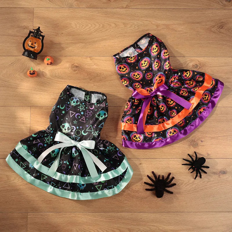 Halloween pet skirt with double-layer polyester in colourful pumpkin or skull design for dogs