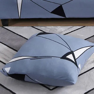 Geometric pattern stretchable sofa slipcover on three-seater sofa showing tight fit without wrinkles