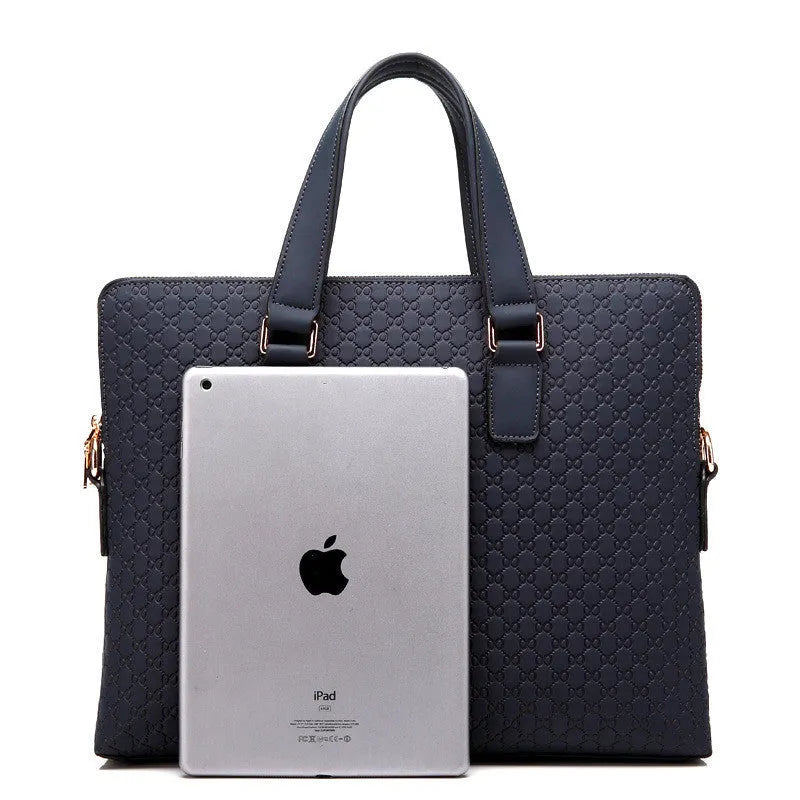 Genuine leather men's business handbag with 14 inch computer pocket, blue and black options