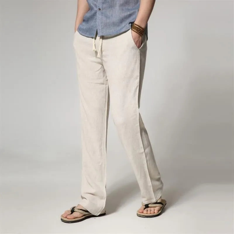 Men's stone-washed cotton linen straight-leg casual trousers in khaki colour