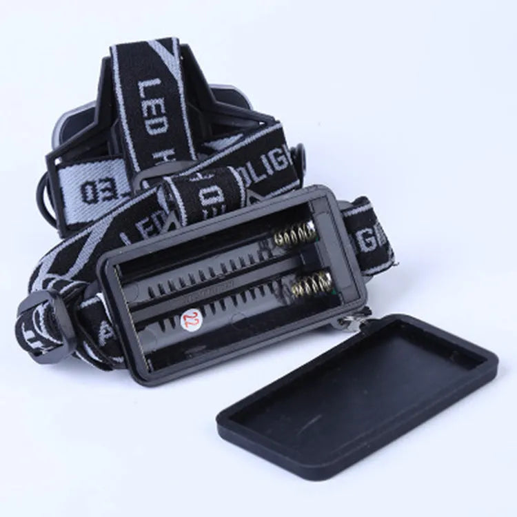 Fixed focus LED head torch with adjustable strap, waterproof construction, and push-button switch for outdoor use