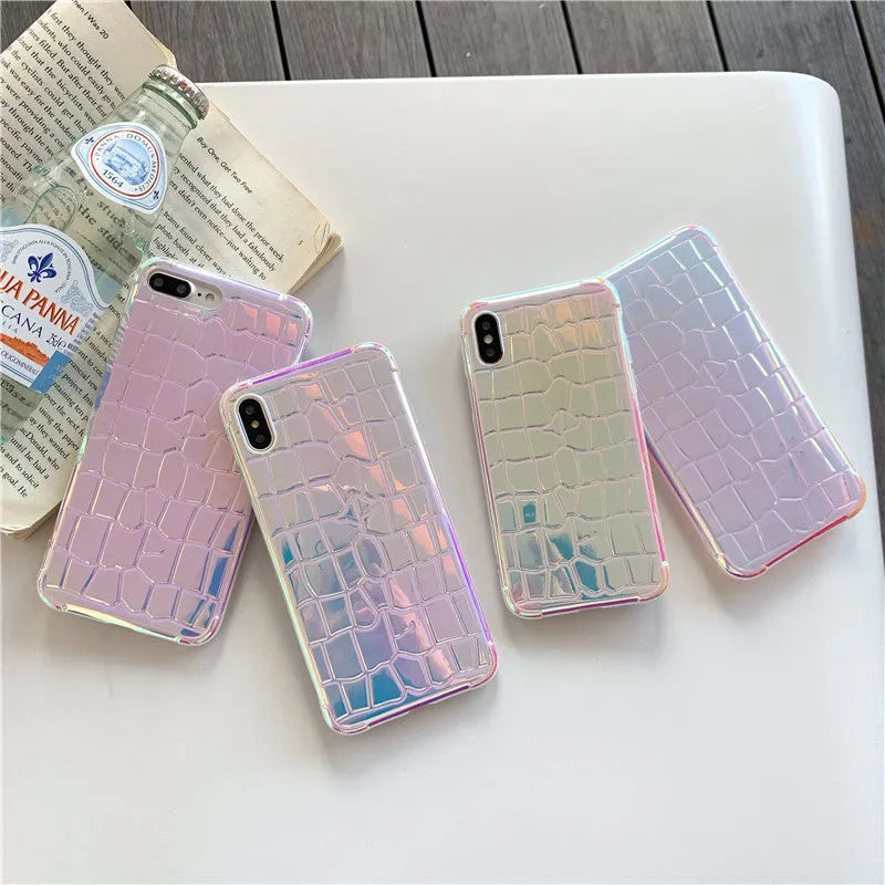 Silver glossy laser-effect silicone back cover case for iPhone with lanyard hole.