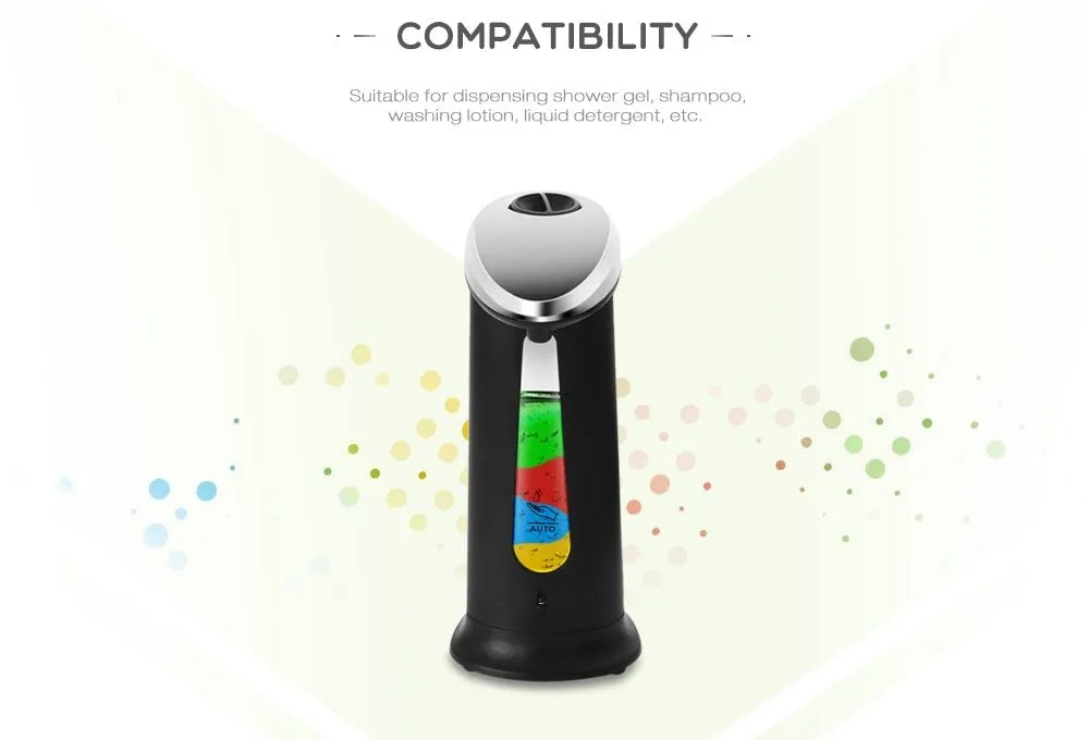 Black automatic liquid soap dispenser with smart sensor, 400ml capacity, non-drip design